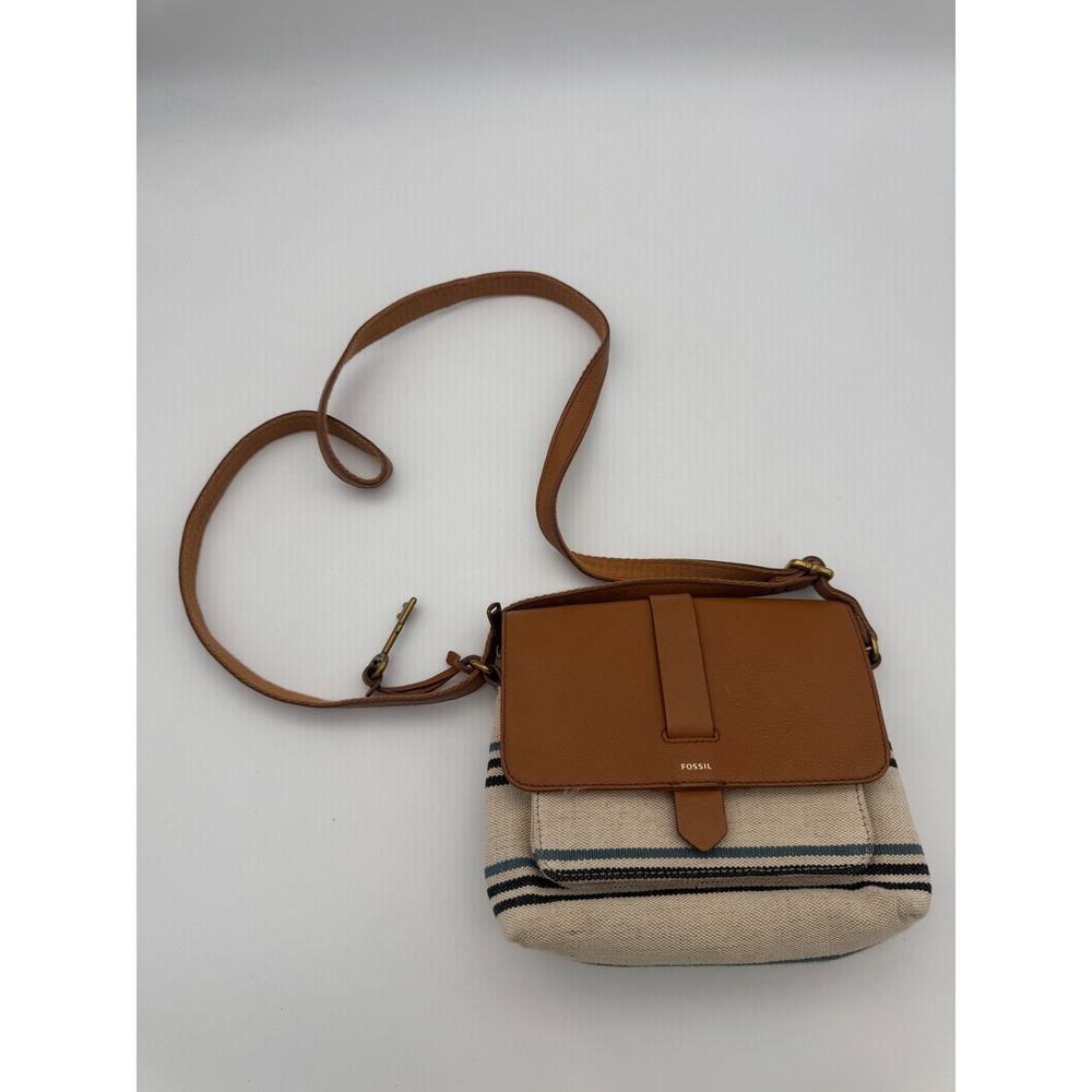 Fossil Striped Canvas and Leather Flap Crossbody Bag Brown Cream Navy
